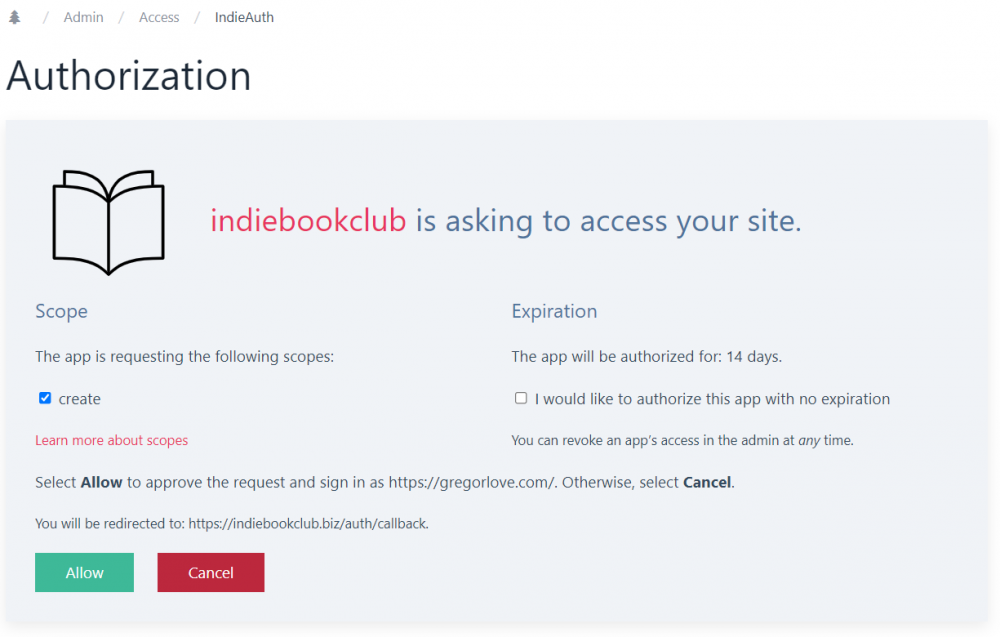 screenshot of ProcessWire IndieAuth authorization prompt