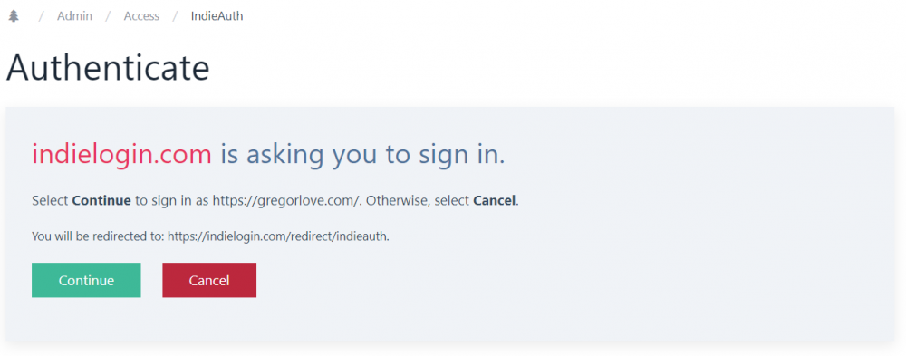 screenshot of ProcessWire IndieAuth authentication prompt