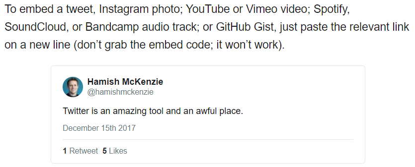 screenshot of Substack documentation with an example of what an embedded tweet looks like