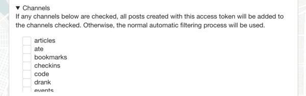 the text "If any channels below are checked, all posts created with this access token will be added to the channels checked", followed by a list of channel names