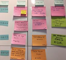 grid of stickynotes of 3 columns of 4 rows of IndieWebCamp breakout sessions