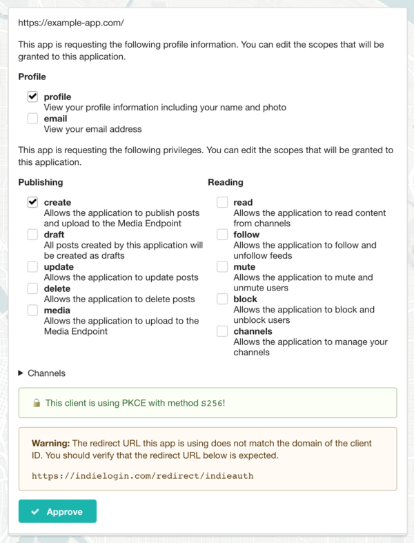 The consent screen of p3k, showing the profile and micropub and microsub scopes with checkboxes next to each