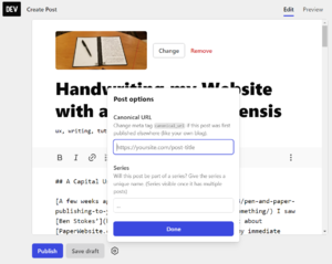 User interface screen capture of modal window that pops up when the hexagon is clicked. The Modal has a field for putting in the canonical URL of the original post as well as a potential series name once multiple posts in such a series exists.