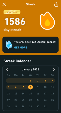 Duolingo's app streak summary page, found by clicking on the streak number at the top of the home screen